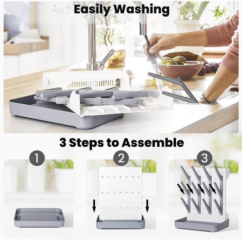 WLMALL Baby Bottle Drying Rack: Vertical Space Saving Large Bottles Holder - Standing Boon Dryer Rack Baby Accessory - Countertop Holds Up to 12 Bottles & Pump Part Cleaning & Cup (Blue) (Gray) - Image 5